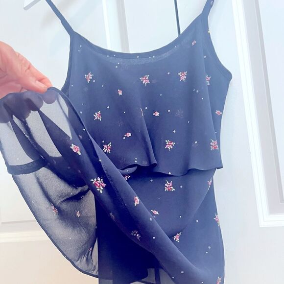 CAbi layered sheer blouse tank.  Navy with floral print. - Picture 3 of 6